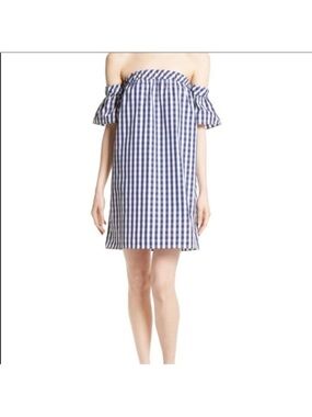 Milly Navy and White Gingham Off-Shoulder Dress